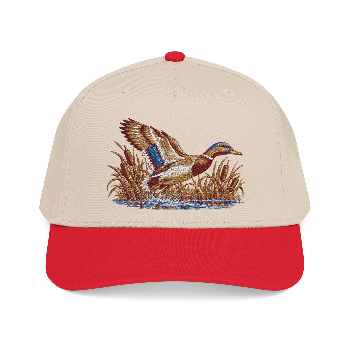 Flying Mallard Duck Mid Profile Baseball Cap | Embroidered Waterfowl Design