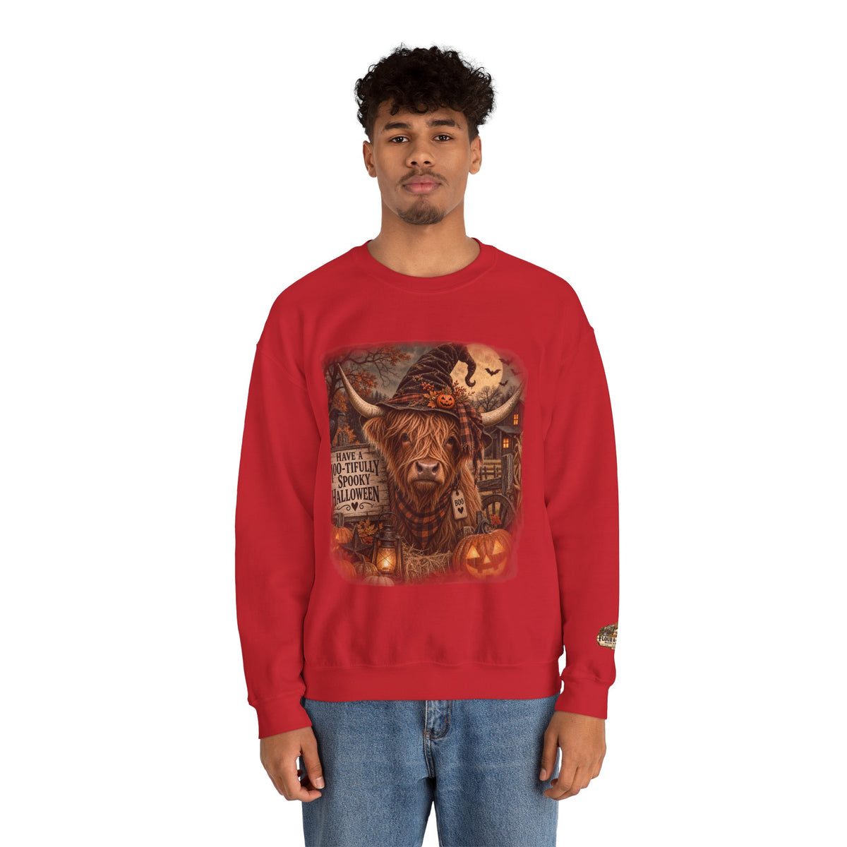 Halloween Highland Cow Sweatshirt – "Have a Moo-tifully Spooky Halloween" Crewneck-Flour and Foundry Mercantile Co.