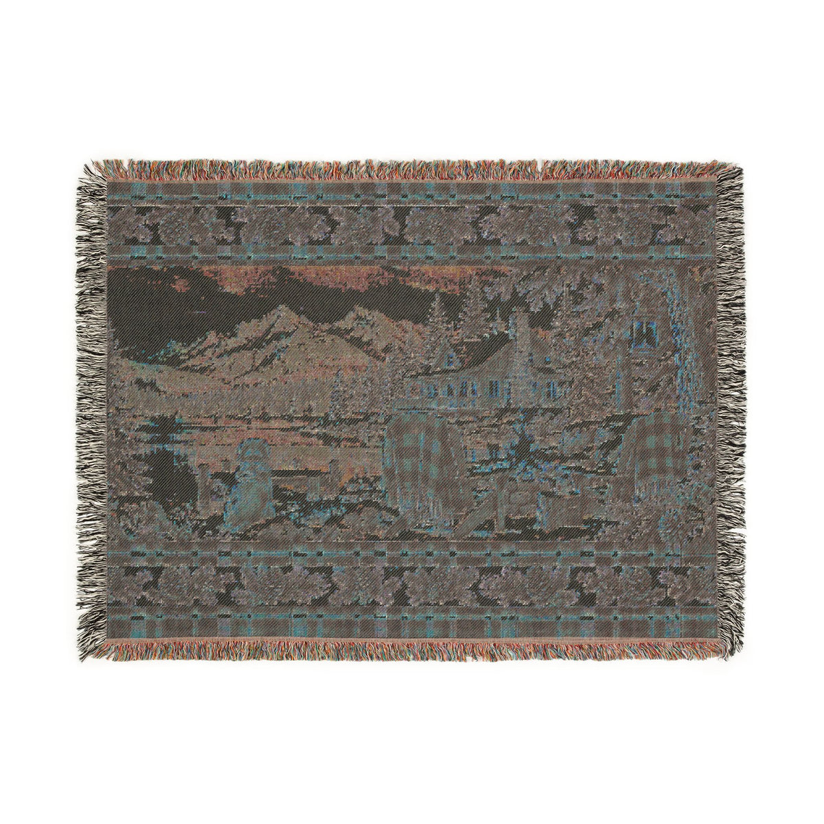 Rustic Mountain Lodge Woven Blanket – Winter Cabin, Golden Retriever and Lake Throw