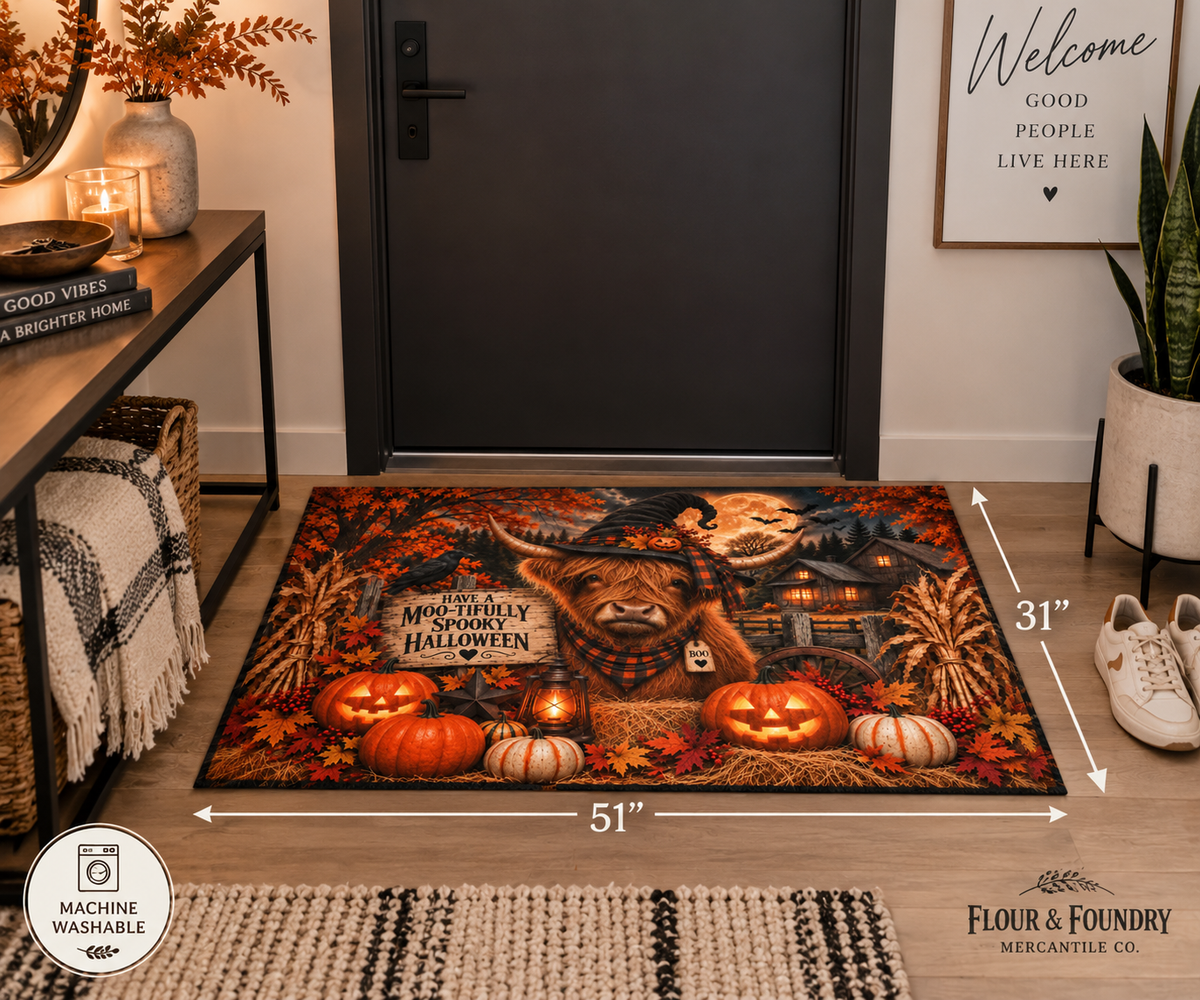 Halloween Highland Cow Washable Rug — "Have a Moo-tifully Spooky Halloween"