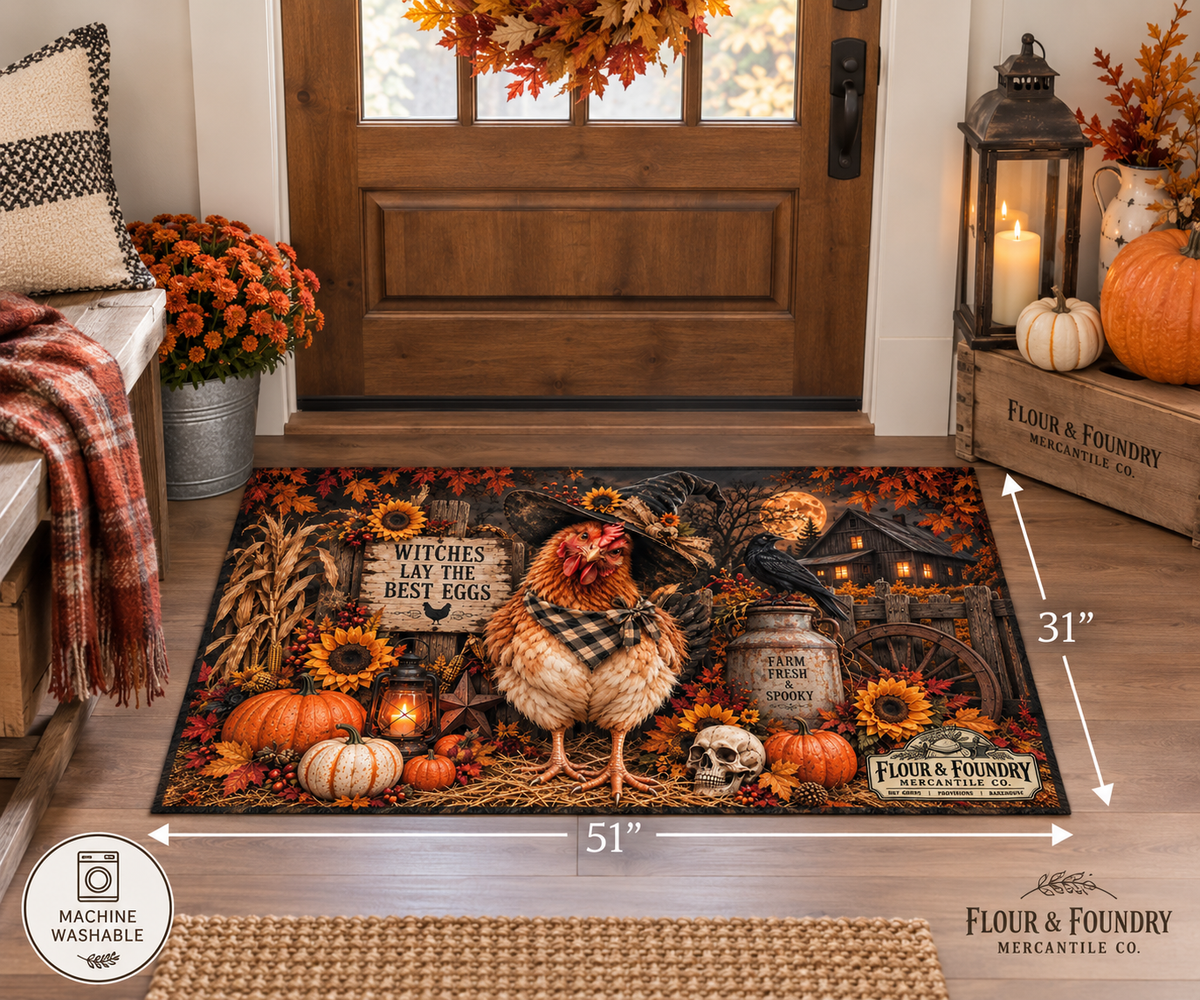 Halloween Chicken Doormat Rug — "Witches Lay the Best Eggs" Fall Farmhouse Washable Rug