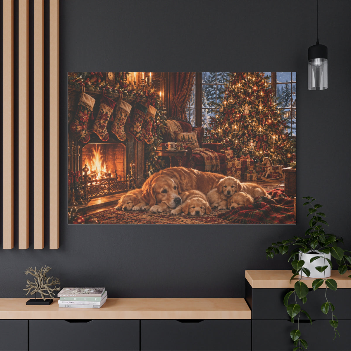 Cozy Christmas Dogs by the Fireplace Canvas Wall Art