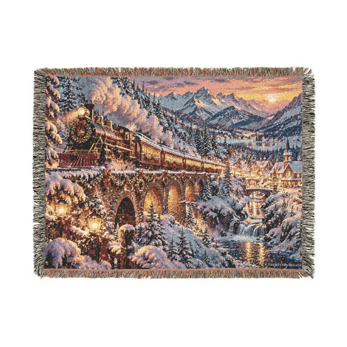 Christmas Train in the Alps Woven Blanket