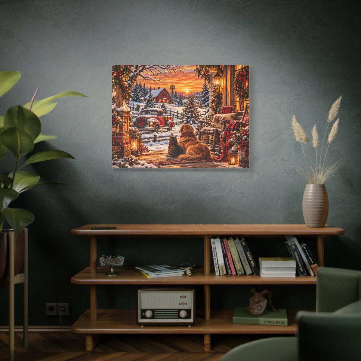 Snowy Winter Porch Scene with Dog & Cat-Christmas Farmhouse Canvas Print