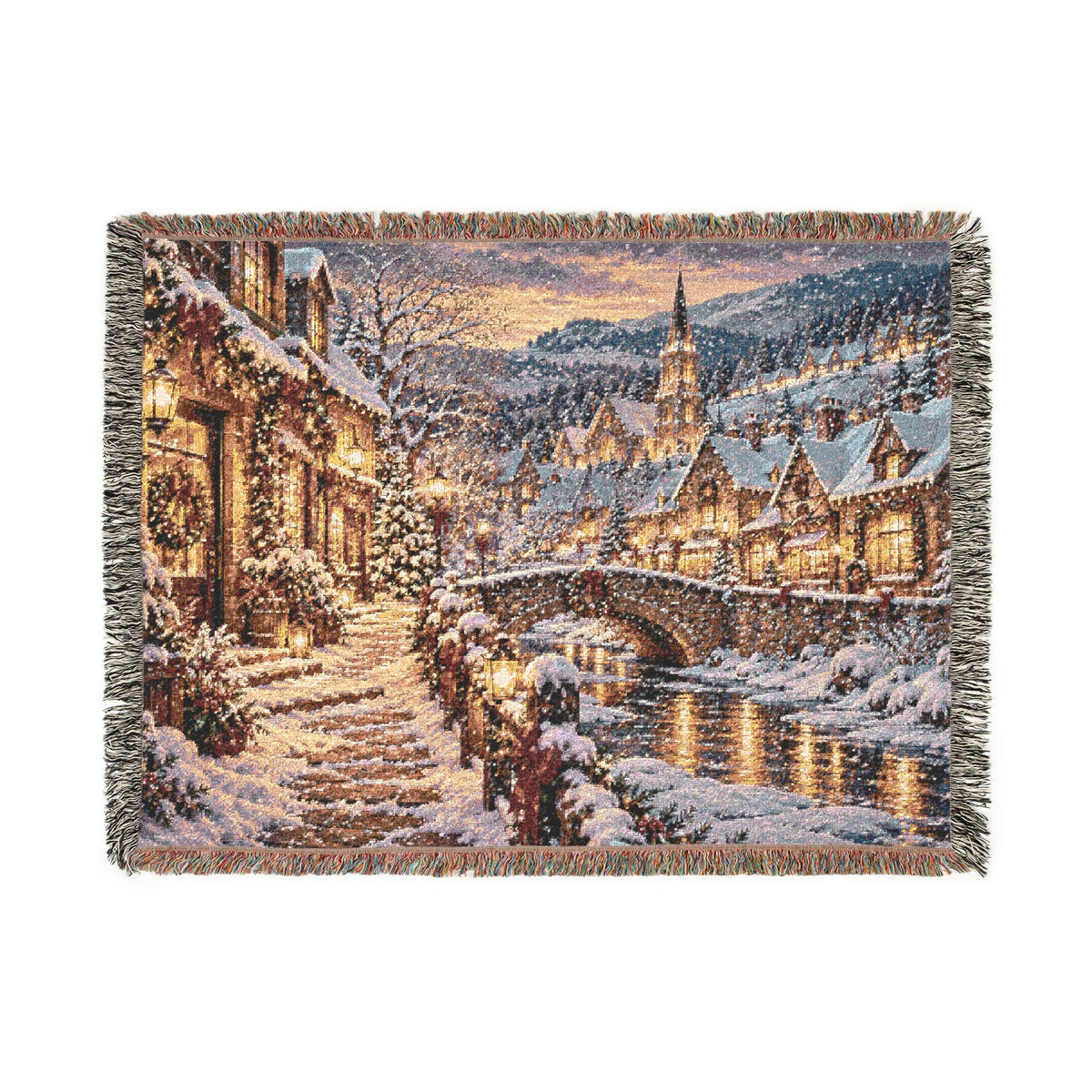 Snowy Alpine Village at Night Woven Blanket