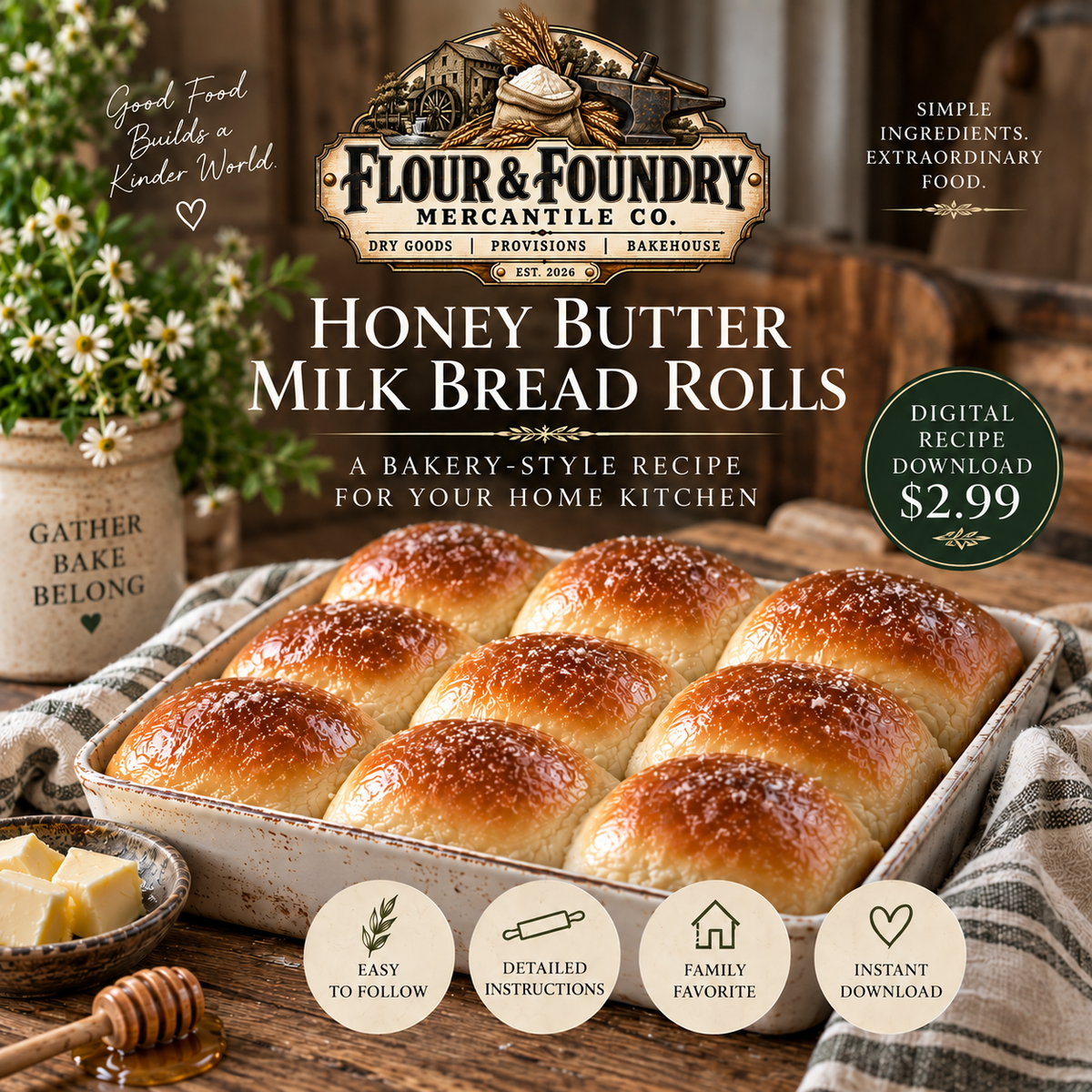 Honey Butter Milk Bread Rolls Recipe | Tangzhong Method, Soft Dinner Rolls (Digital Download)