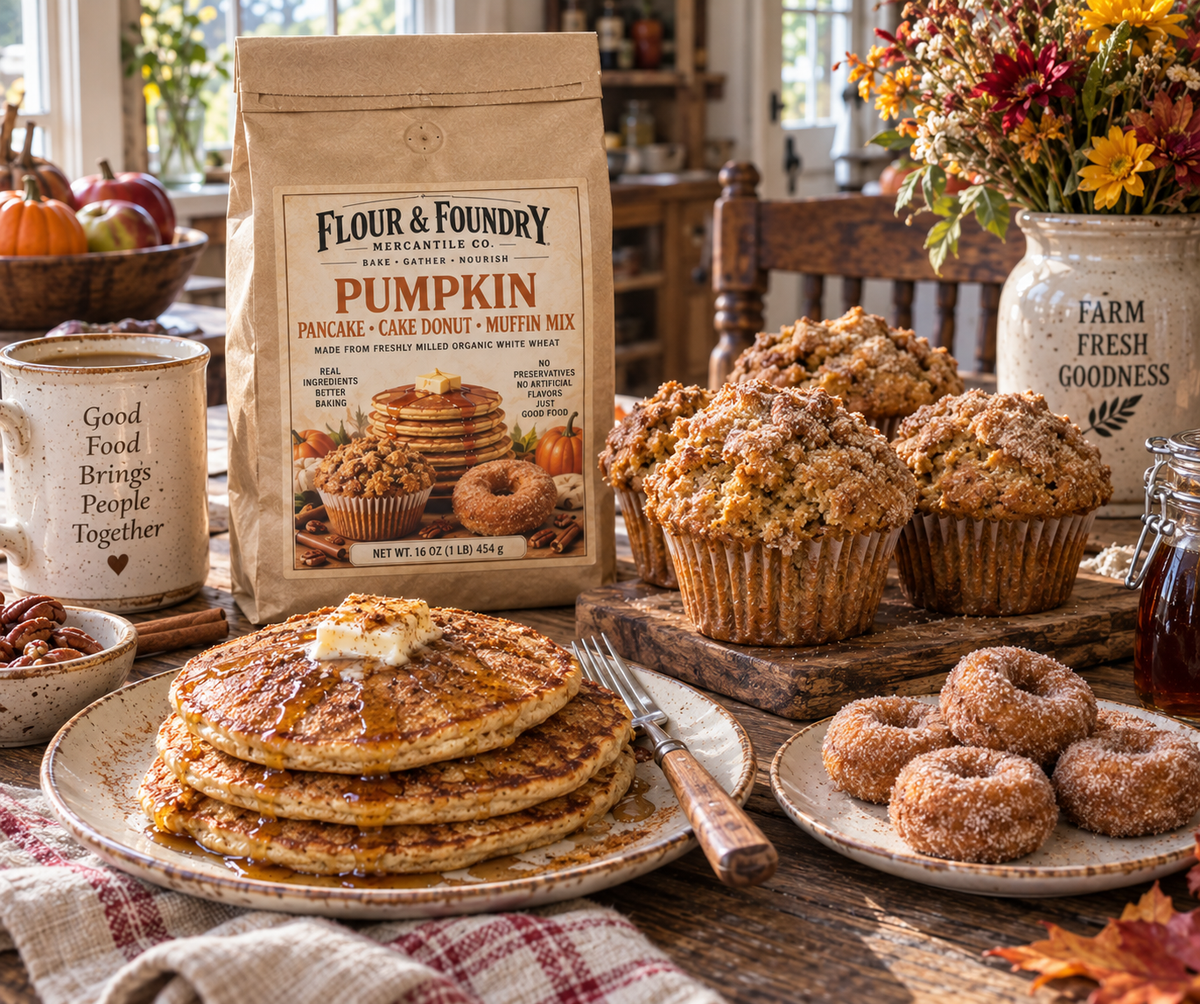 Flour & Foundry Mercantile Co. Fresh-Milled Organic Pumpkin Pancake, Cake Donut & Muffin Mix | 16 oz