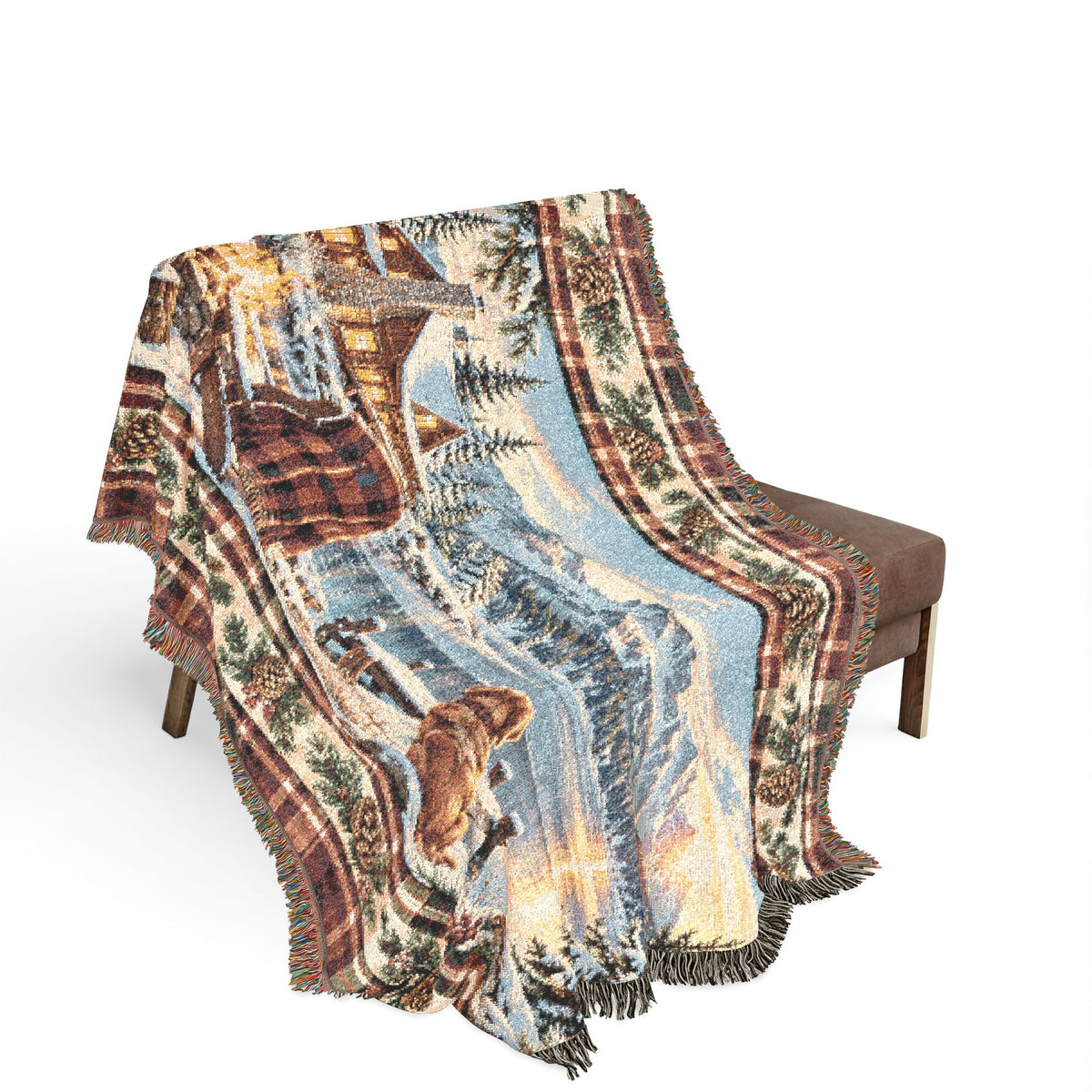 Rustic Mountain Lodge Woven Blanket – Winter Cabin, Golden Retriever and Lake Throw
