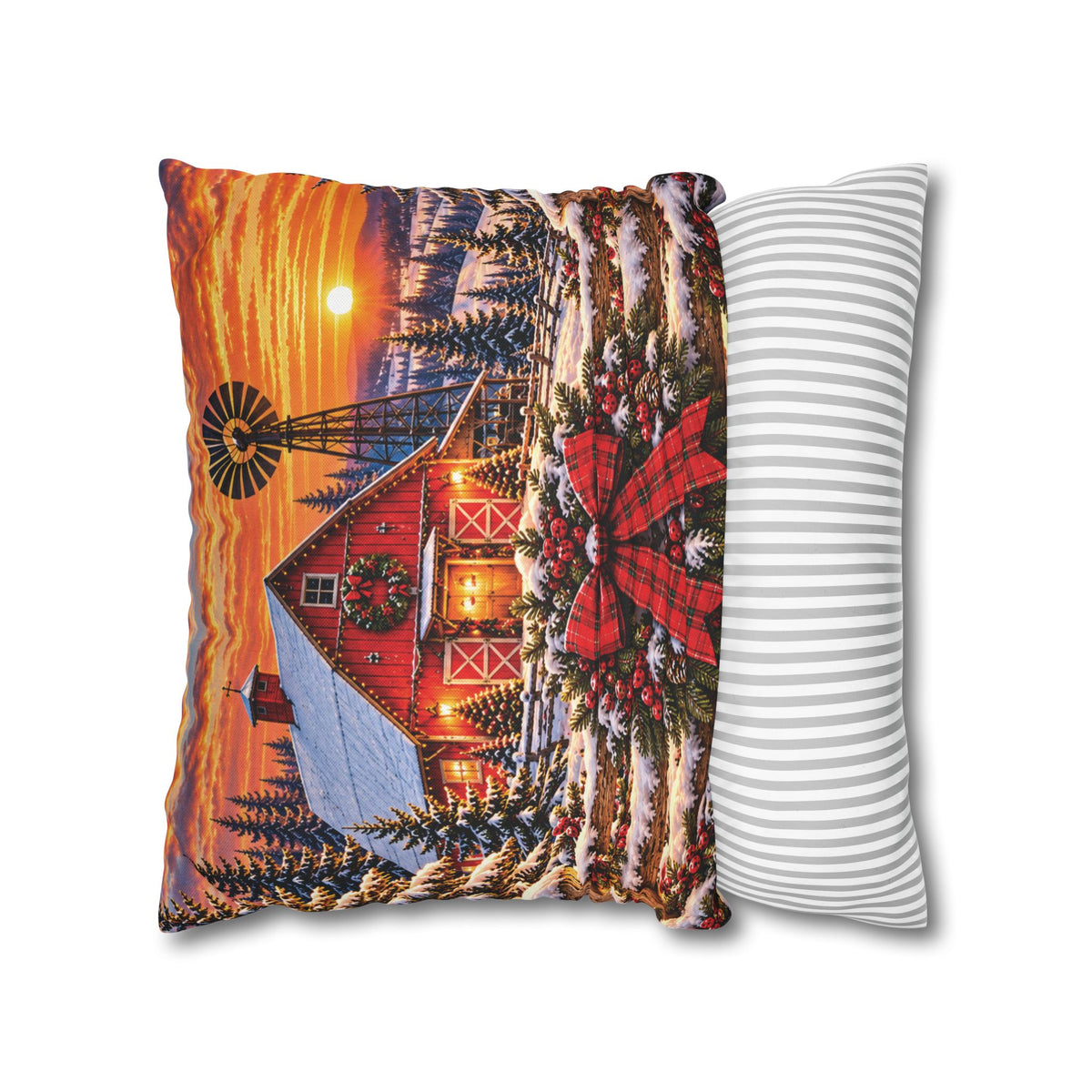 Christmas Barn and Cow Double Sided Pillowcase — Rustic Holiday Throw Pillow Cover