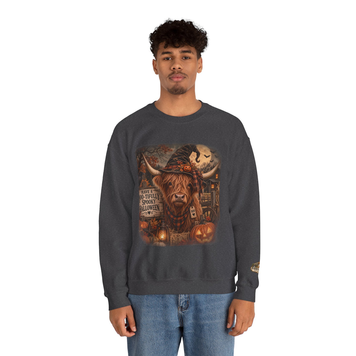 Halloween Highland Cow Sweatshirt – "Have a Moo-tifully Spooky Halloween" Crewneck-Flour and Foundry Mercantile Co.