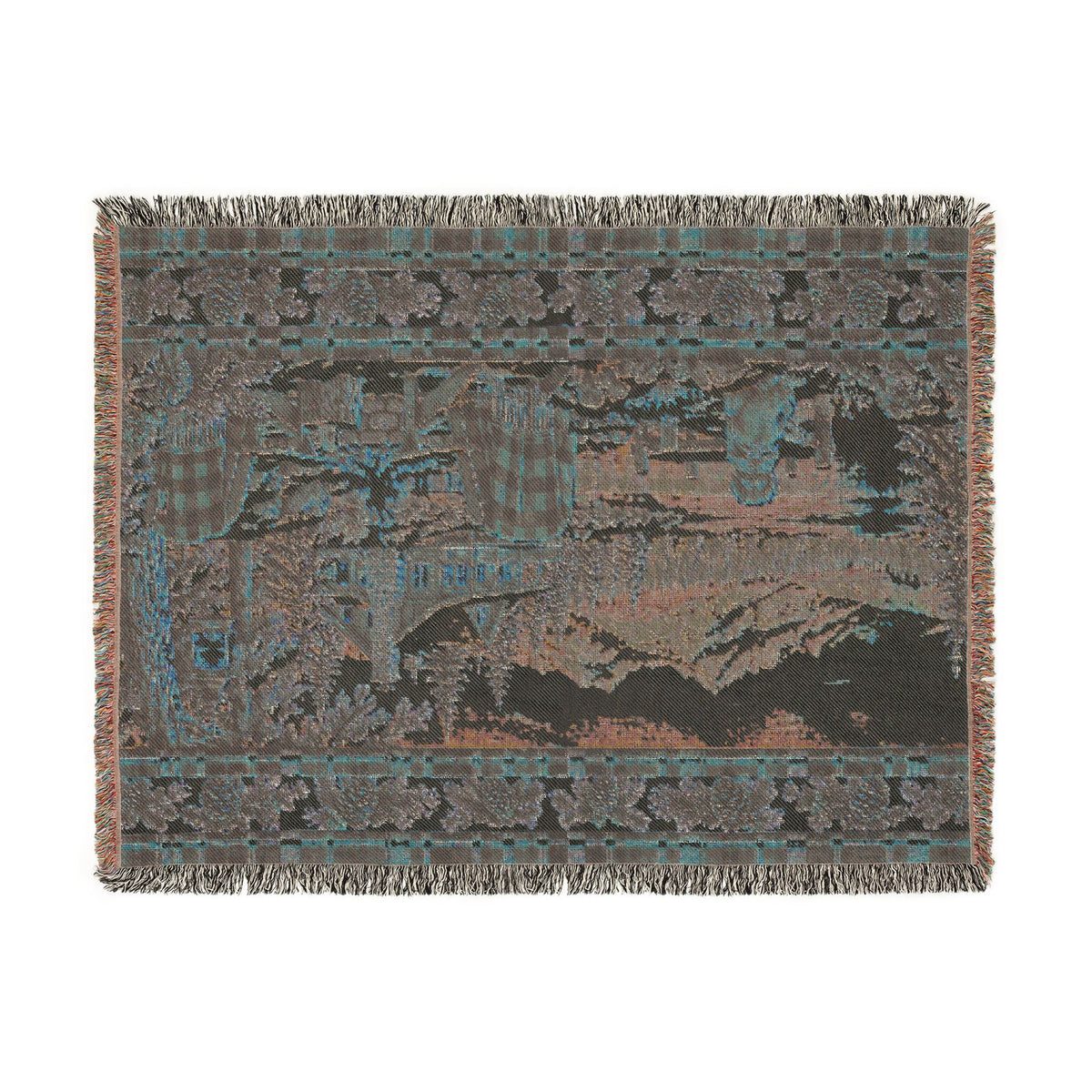 Rustic Mountain Lodge Woven Blanket – Winter Cabin, Golden Retriever and Lake Throw