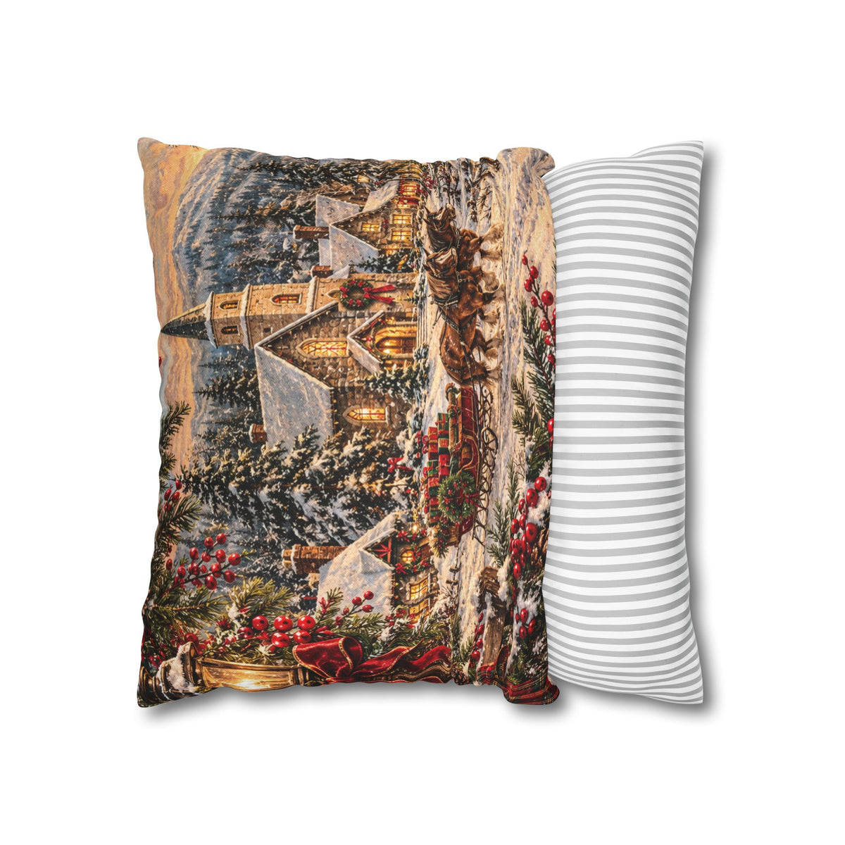 Christmas Village Horse-Drawn Sleigh Decorative Pillowcase