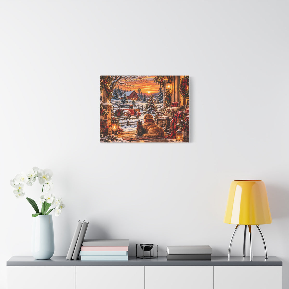 Snowy Winter Porch Scene with Dog & Cat-Christmas Farmhouse Canvas Print