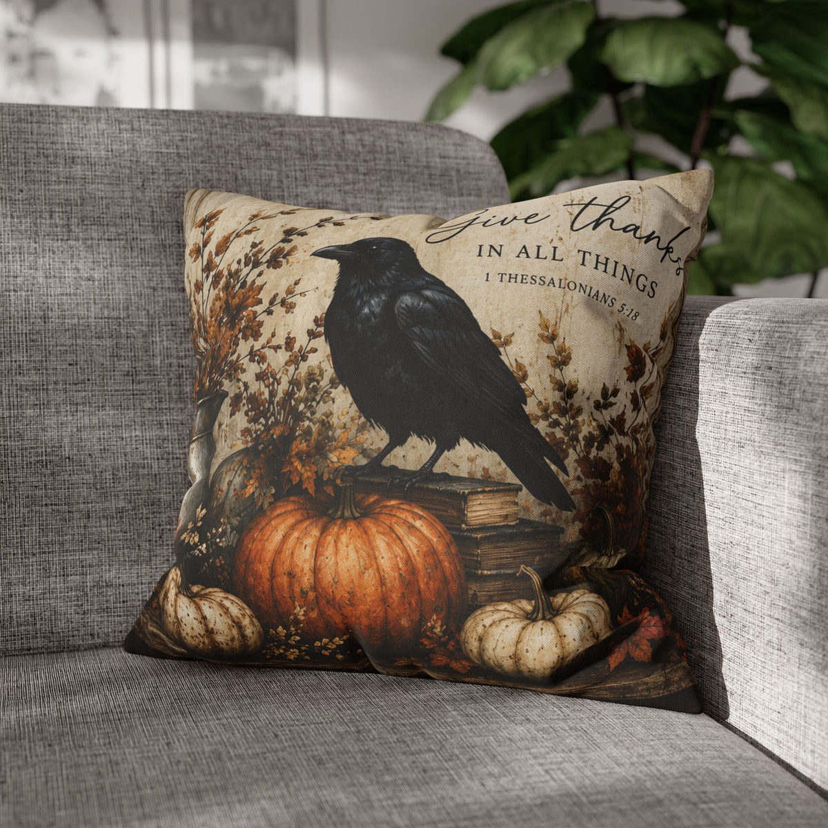 Give Thanks Crow Pumpkin Pillowcase | Fall Thanksgiving Decor