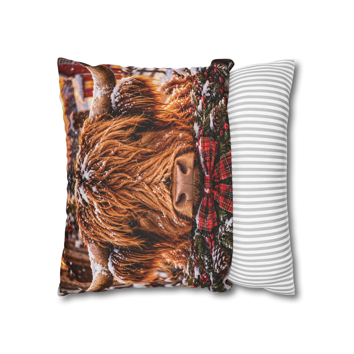 Christmas Barn and Cow Double Sided Pillowcase — Rustic Holiday Throw Pillow Cover