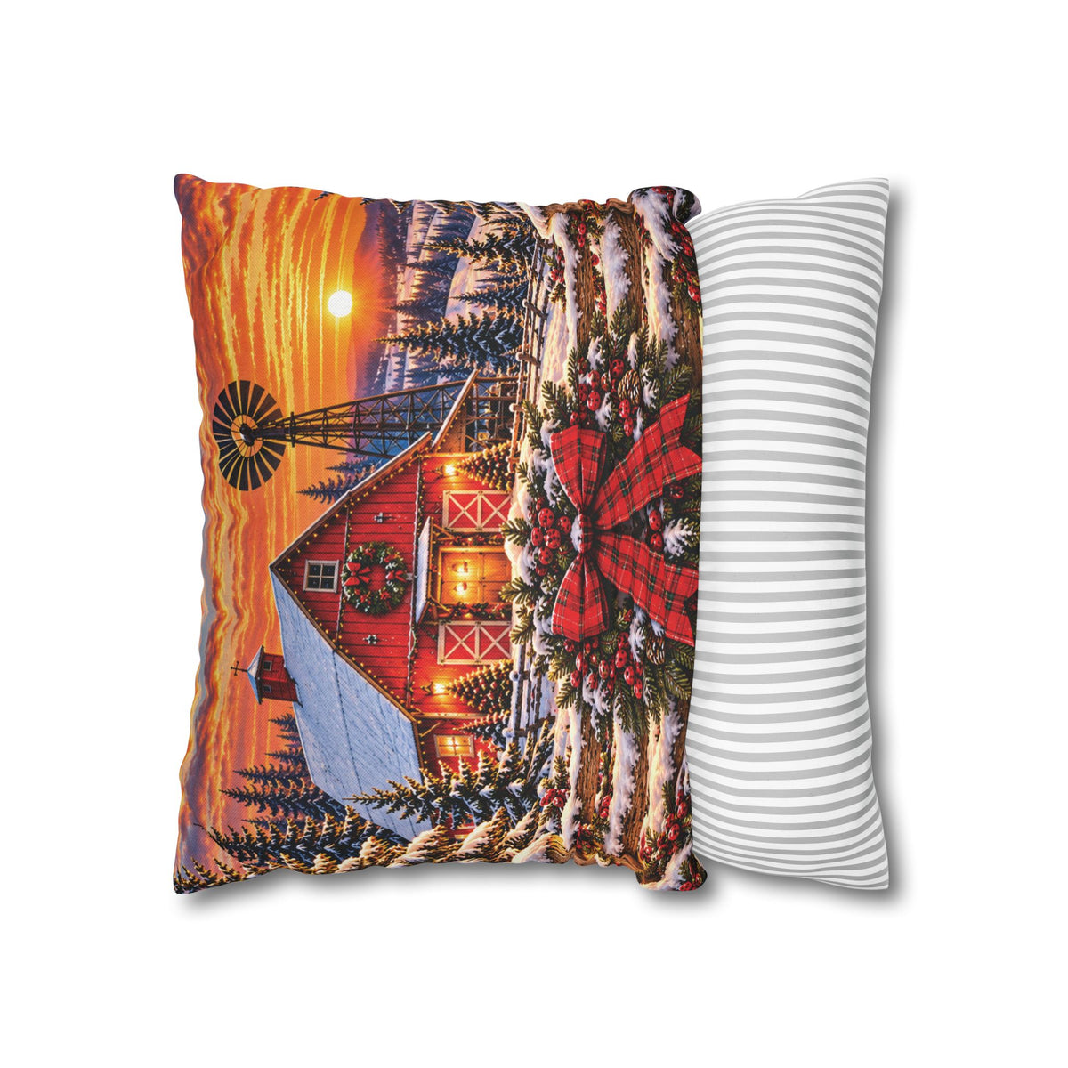 Christmas Barn and Cow Double Sided Pillowcase — Rustic Holiday Throw Pillow Cover