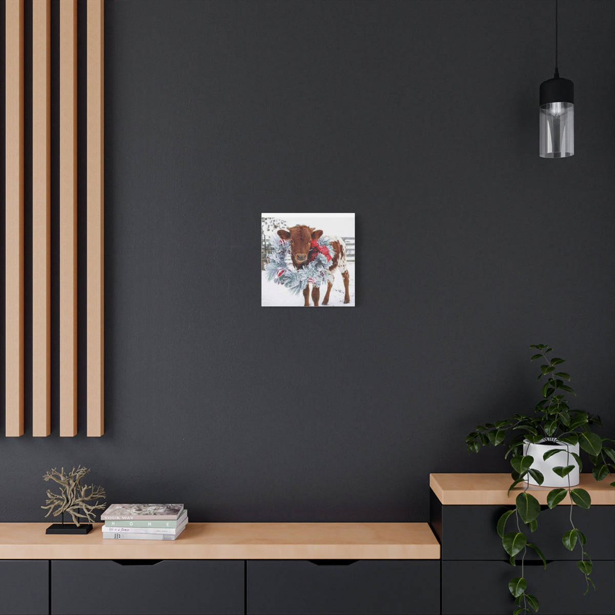 Holiday Calf Canvas Print — Festive Cow with Wreath Wall Art