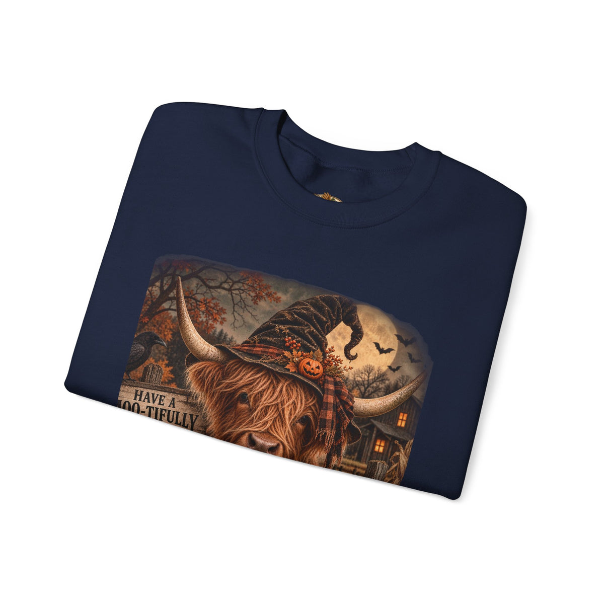 Halloween Highland Cow Sweatshirt – "Have a Moo-tifully Spooky Halloween" Crewneck-Flour and Foundry Mercantile Co.