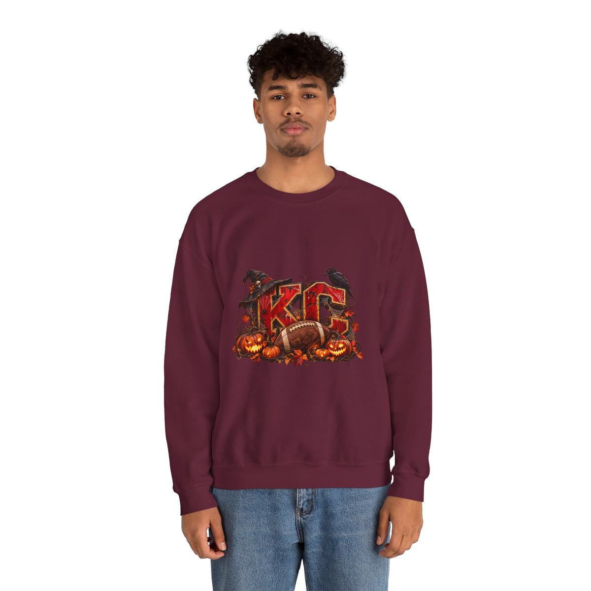 KC Halloween Crewneck Sweatshirt — Haunted Pumpkin Football Design-Flour and Foundry Meercantile Co.