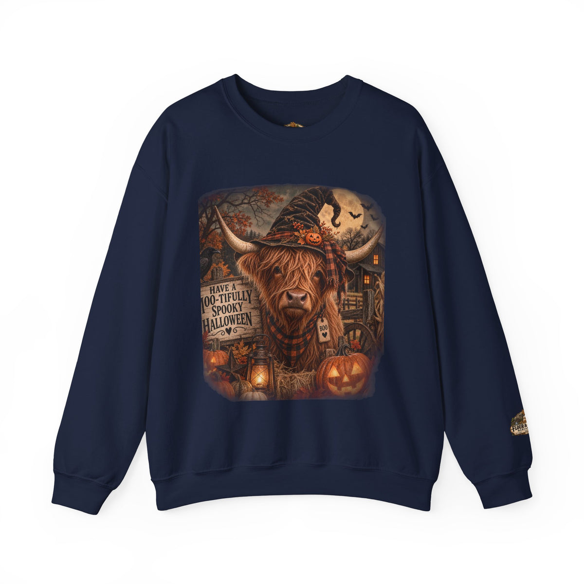 Halloween Highland Cow Sweatshirt – "Have a Moo-tifully Spooky Halloween" Crewneck-Flour and Foundry Mercantile Co.