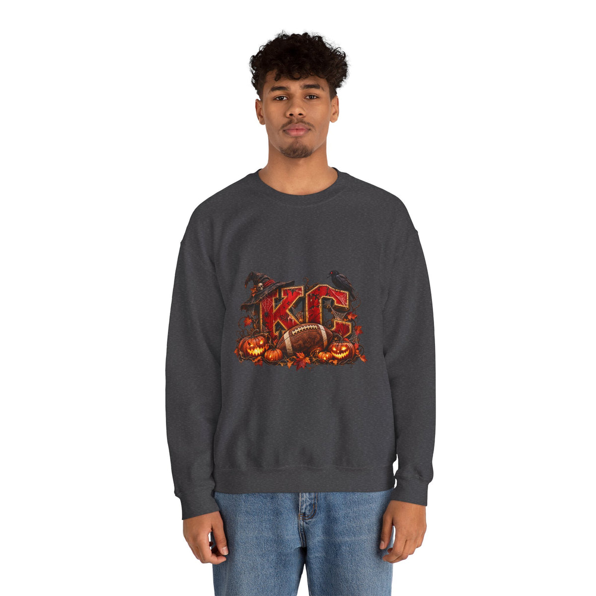 KC Halloween Crewneck Sweatshirt — Haunted Pumpkin Football Design-Flour and Foundry Meercantile Co.