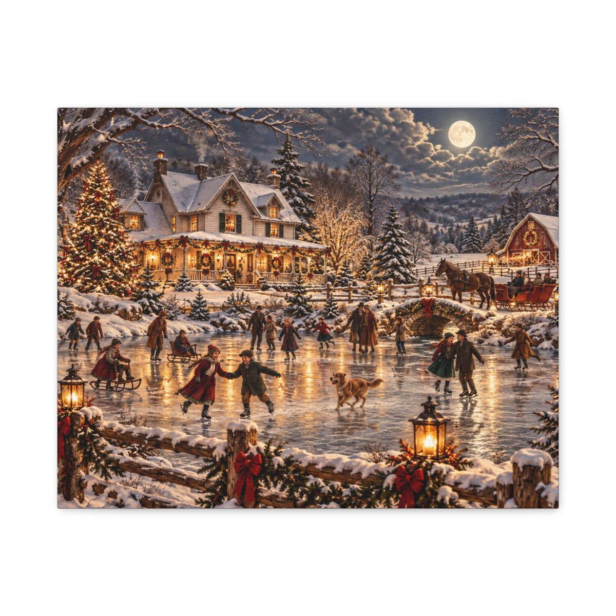 Christmas Village Ice Skating Matte Canvas Wall Art