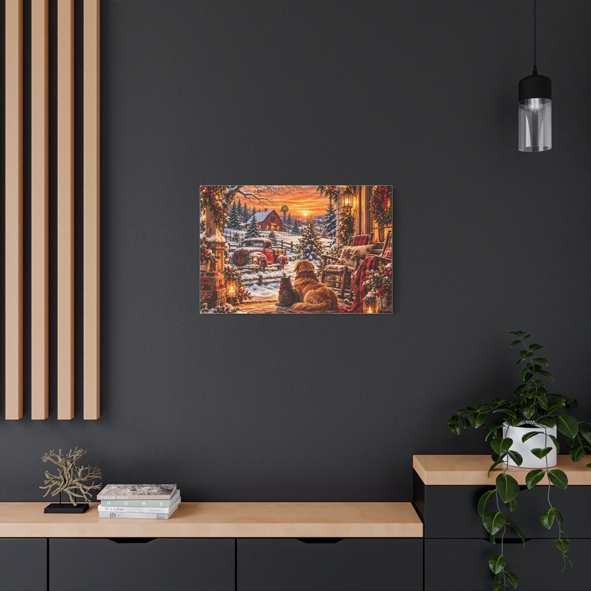 Snowy Winter Porch Scene with Dog & Cat-Christmas Farmhouse Canvas Print