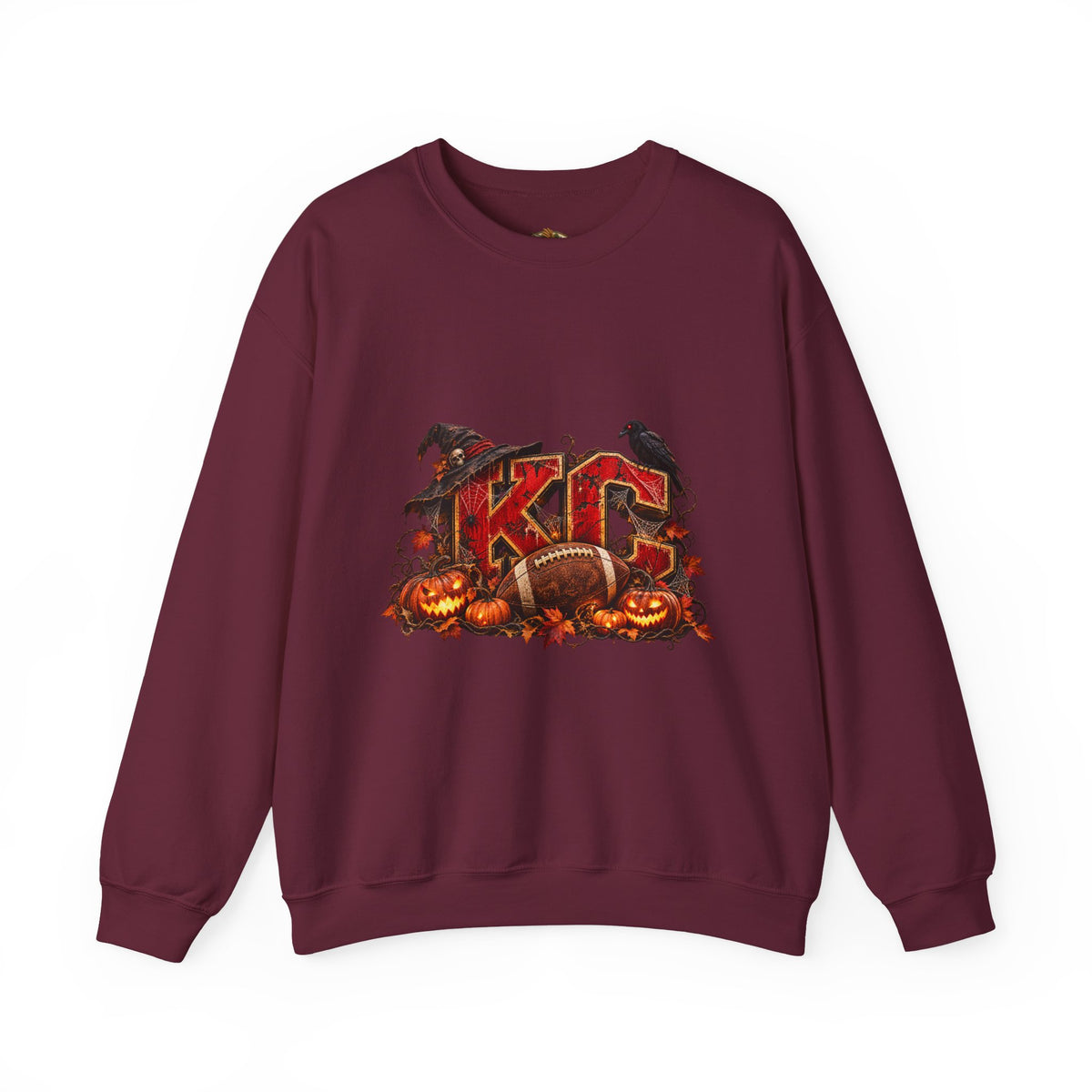 KC Halloween Crewneck Sweatshirt — Haunted Pumpkin Football Design-Flour and Foundry Meercantile Co.