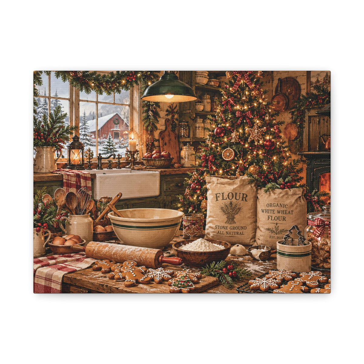 Christmas Kitchen Canvas Wall Art — Cozy Holiday Baking Scene, Rustic Farmhouse Holiday Decor