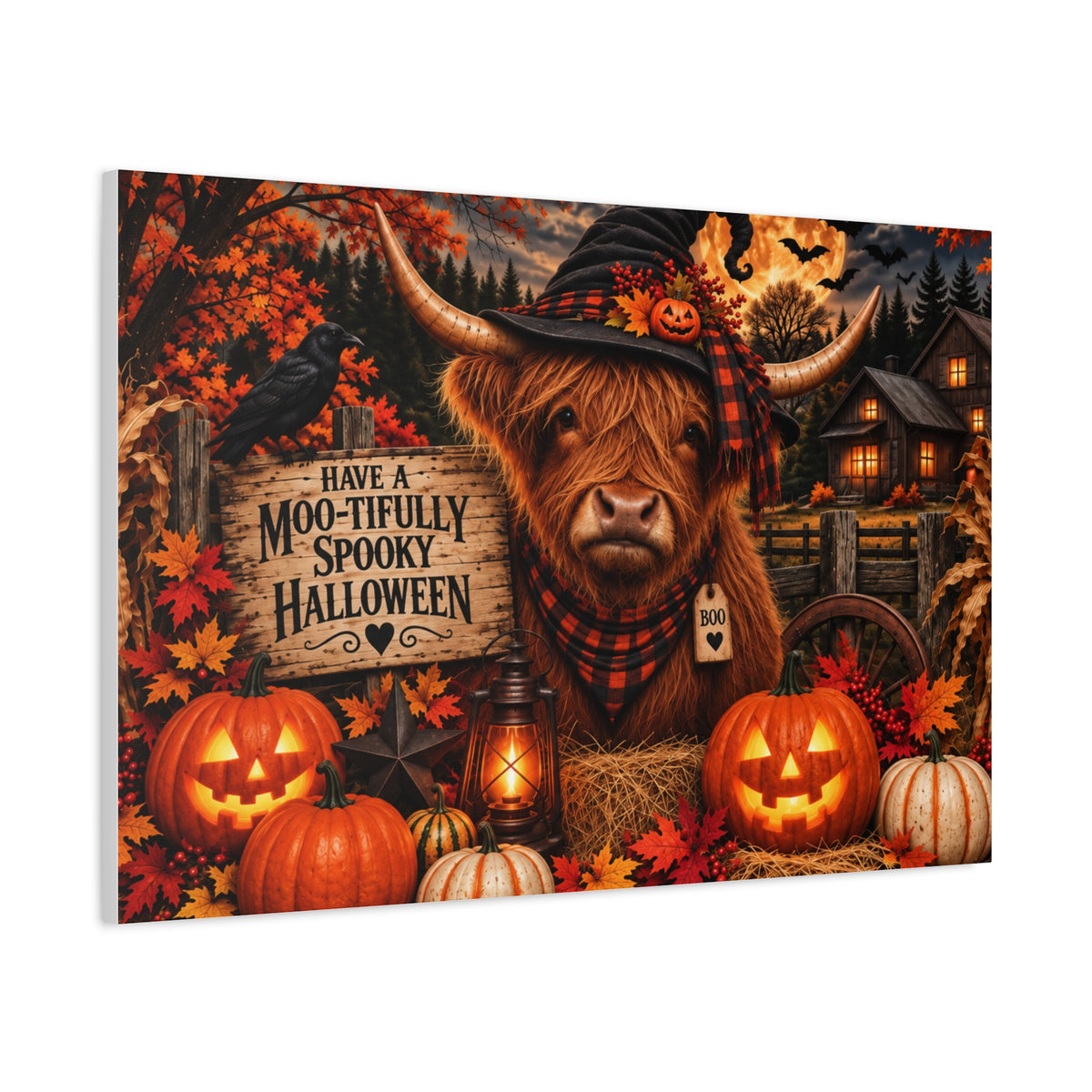 Halloween Highland Cow Canvas – "Have a Moo-tifully Spooky Halloween" Matte Stretched Wall Art