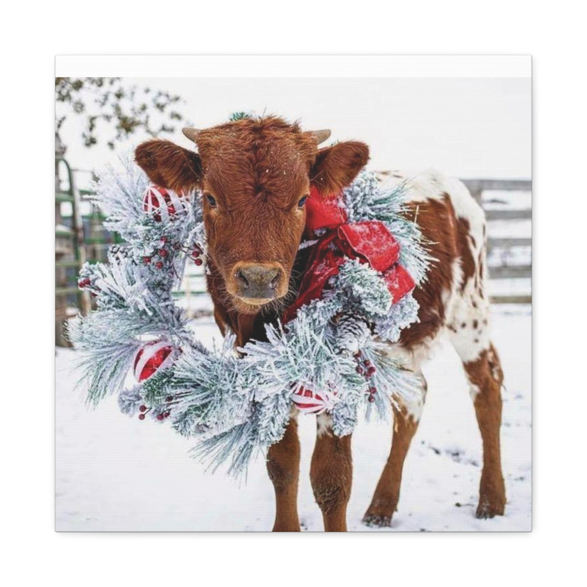 Holiday Calf Canvas Print — Festive Cow with Wreath Wall Art