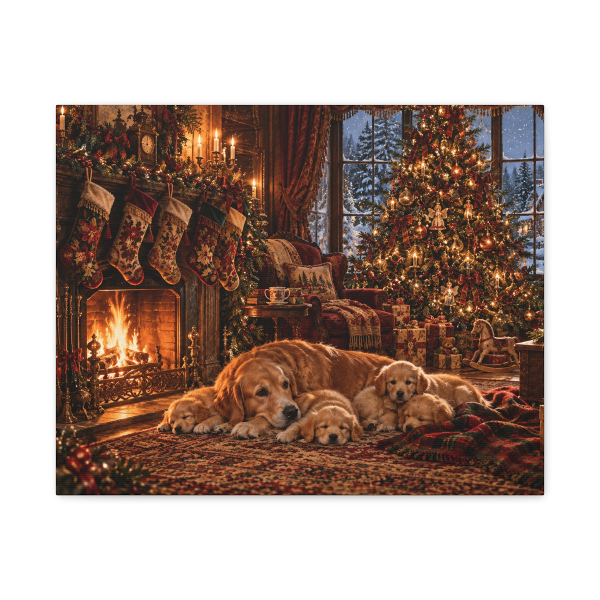 Cozy Christmas Dogs by the Fireplace Canvas Wall Art
