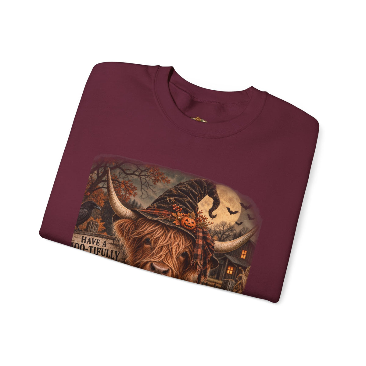 Halloween Highland Cow Sweatshirt – "Have a Moo-tifully Spooky Halloween" Crewneck-Flour and Foundry Mercantile Co.
