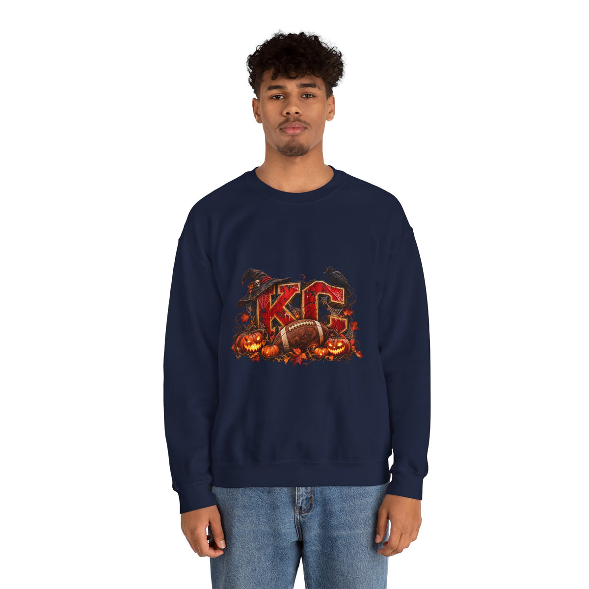 KC Halloween Crewneck Sweatshirt — Haunted Pumpkin Football Design-Flour and Foundry Meercantile Co.