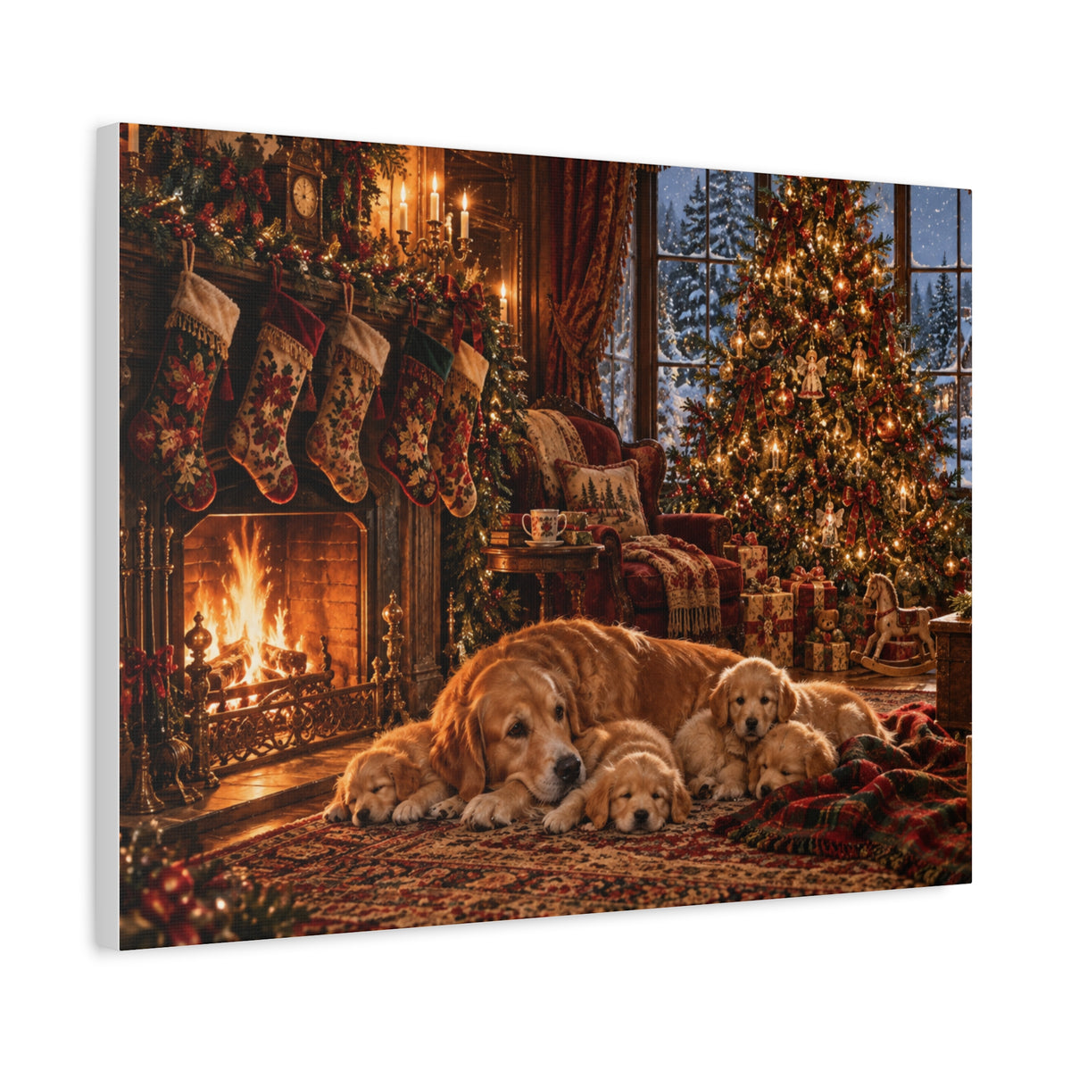 Cozy Christmas Dogs by the Fireplace Canvas Wall Art