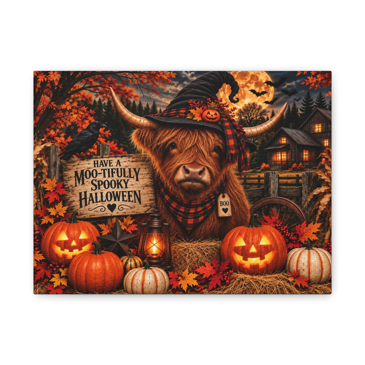 Halloween Highland Cow Canvas – "Have a Moo-tifully Spooky Halloween" Matte Stretched Wall Art