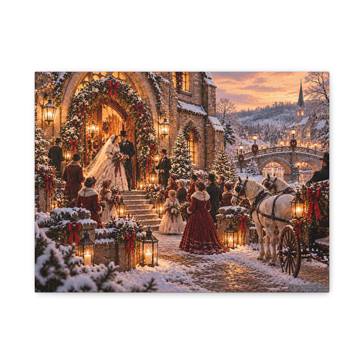 Victorian Christmas Wedding Church Scene Canvas