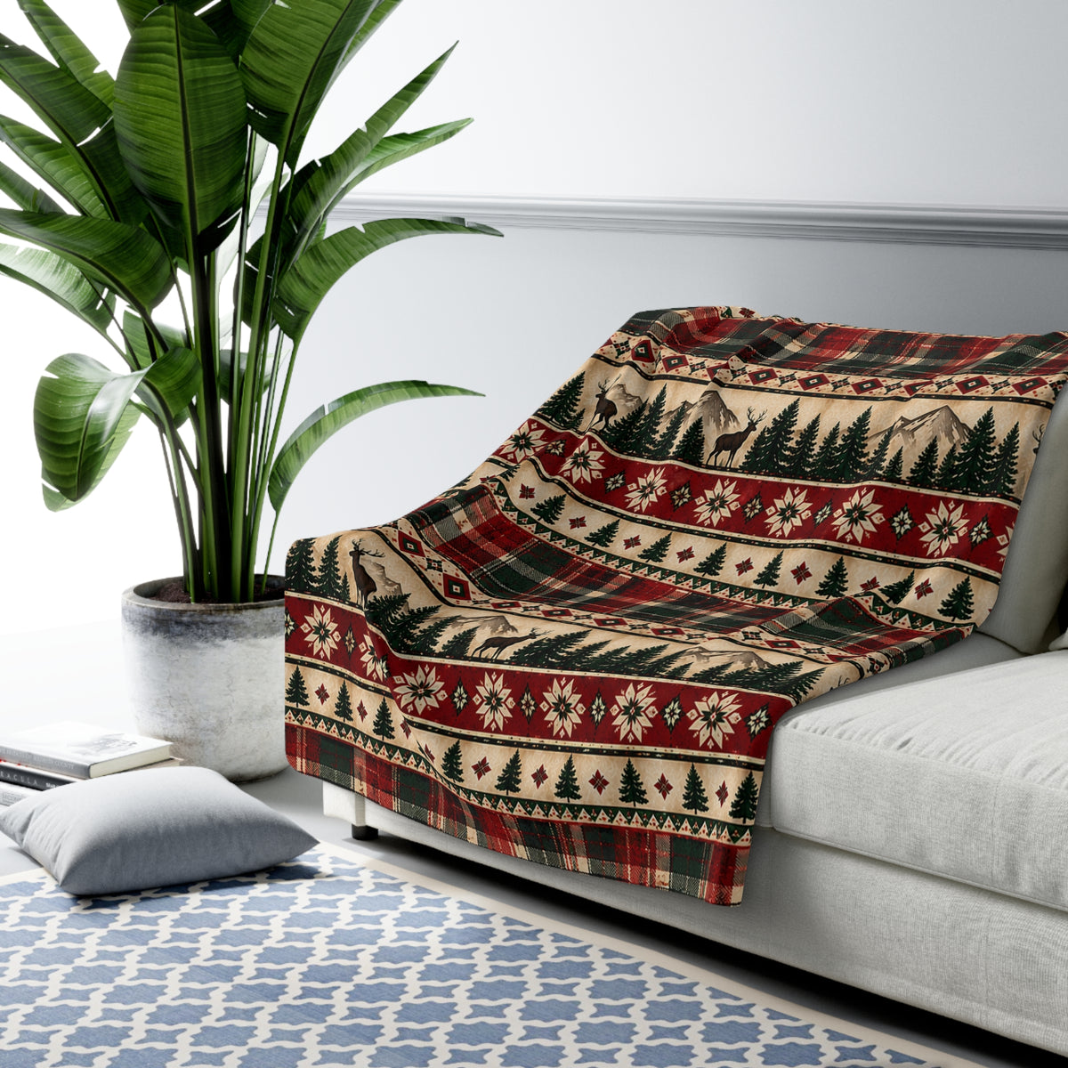 Plaid, Deer & Pine Holiday Fleece Throw-Rustic Lodge Sherpa Blanket