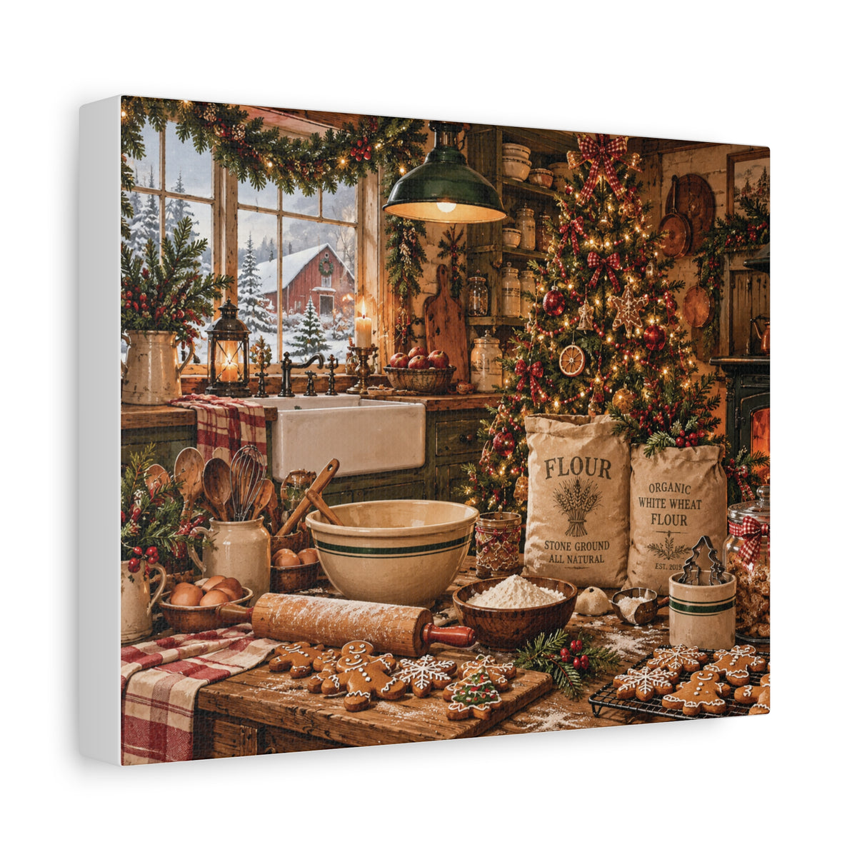 Christmas Kitchen Canvas Wall Art — Cozy Holiday Baking Scene, Rustic Farmhouse Holiday Decor