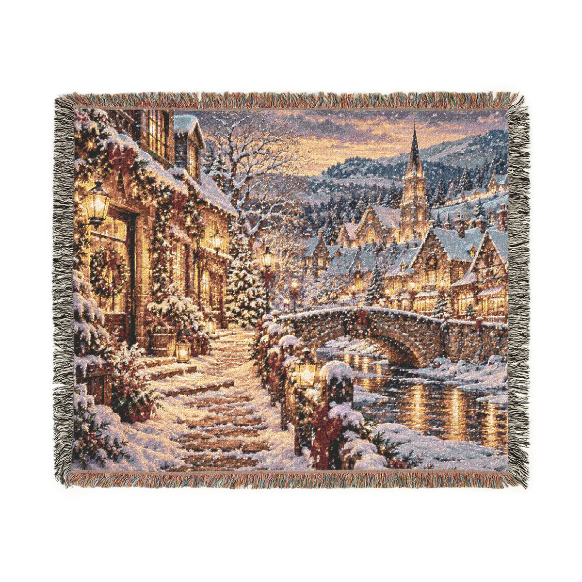 Snowy Alpine Village at Night Woven Blanket