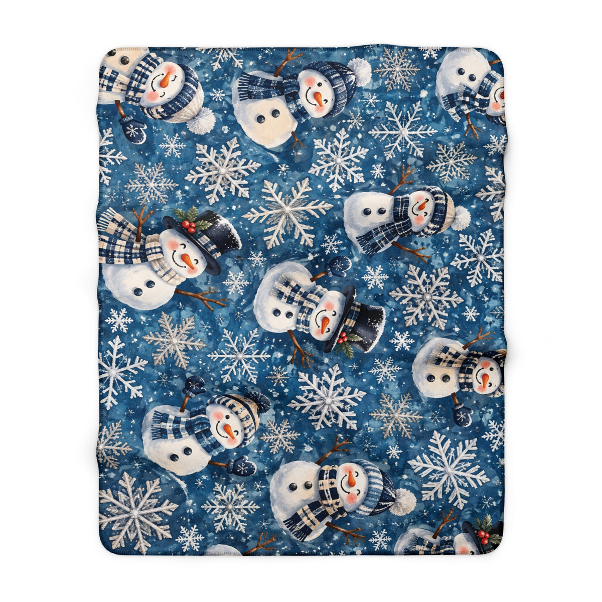 Snowman Sherpa Blanket — Cozy Blue Snowflake Fleece Throw for Winter & Holidays