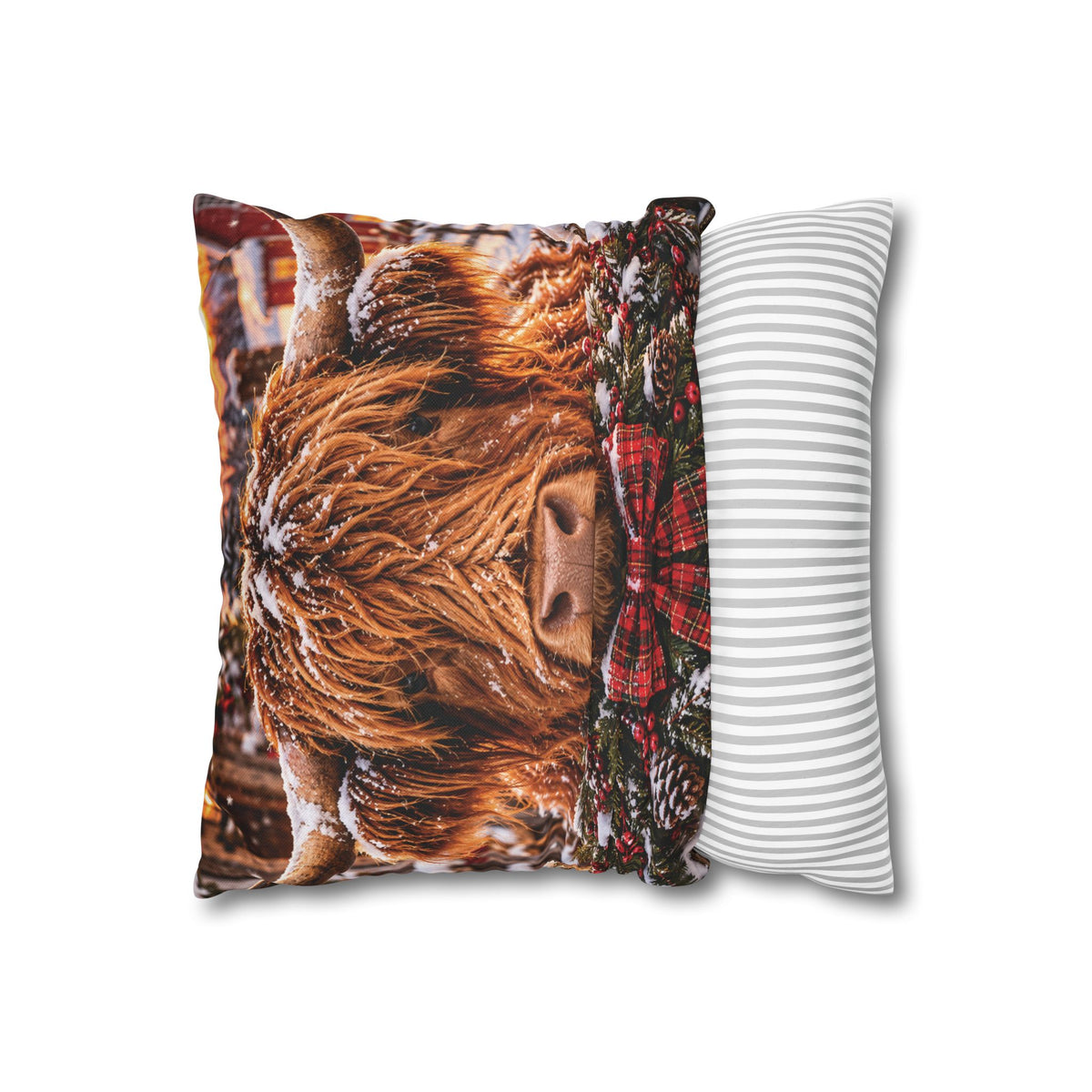 Christmas Barn and Cow Double Sided Pillowcase — Rustic Holiday Throw Pillow Cover