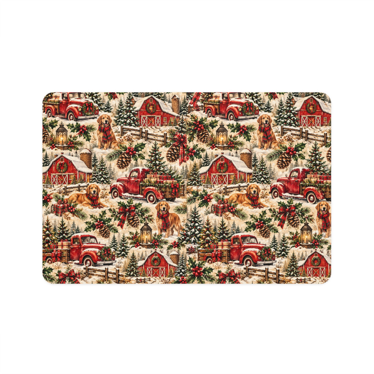 Christmas Dog Farmhouse Pet Food Mat (12x18) — Vintage Red Truck & Golden Retriever Holiday Placemat