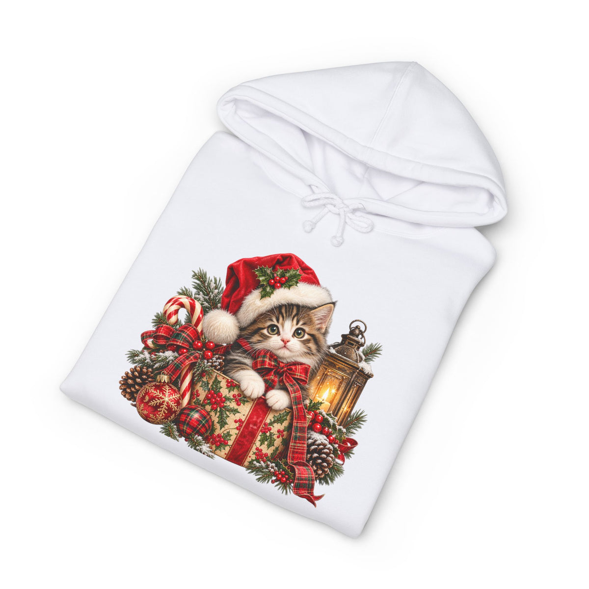 Christmas Cat Hoodie – Cute Kitten in Santa Hat with Lantern Holiday Sweatshirt