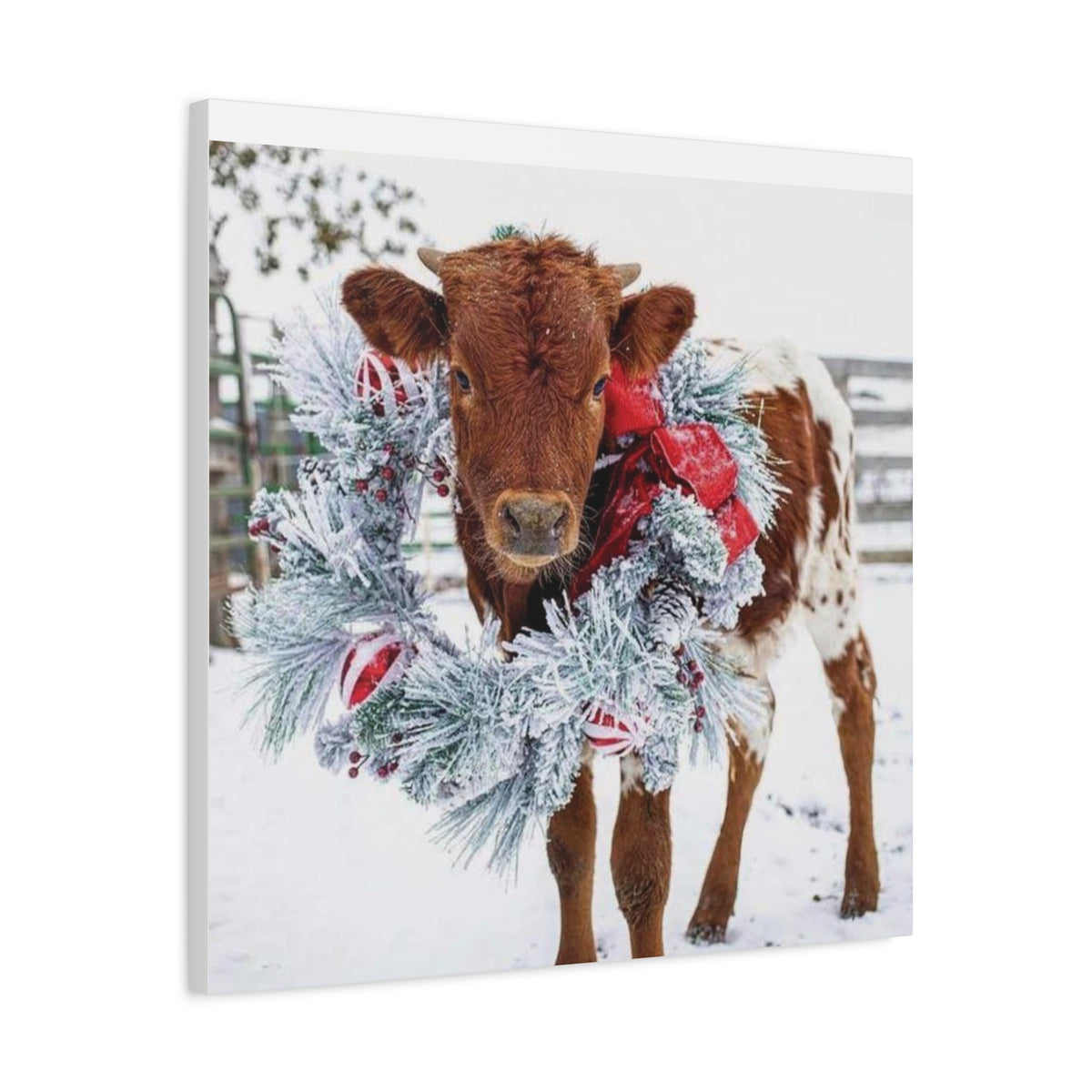 Holiday Calf Canvas Print — Festive Cow with Wreath Wall Art