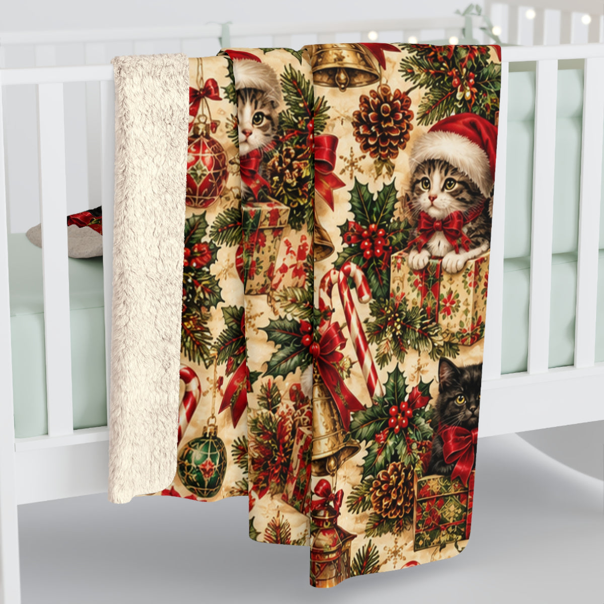 Christmas Poinsettia & Kitten Santa Sherpa Blanket — Festive Holiday Throw