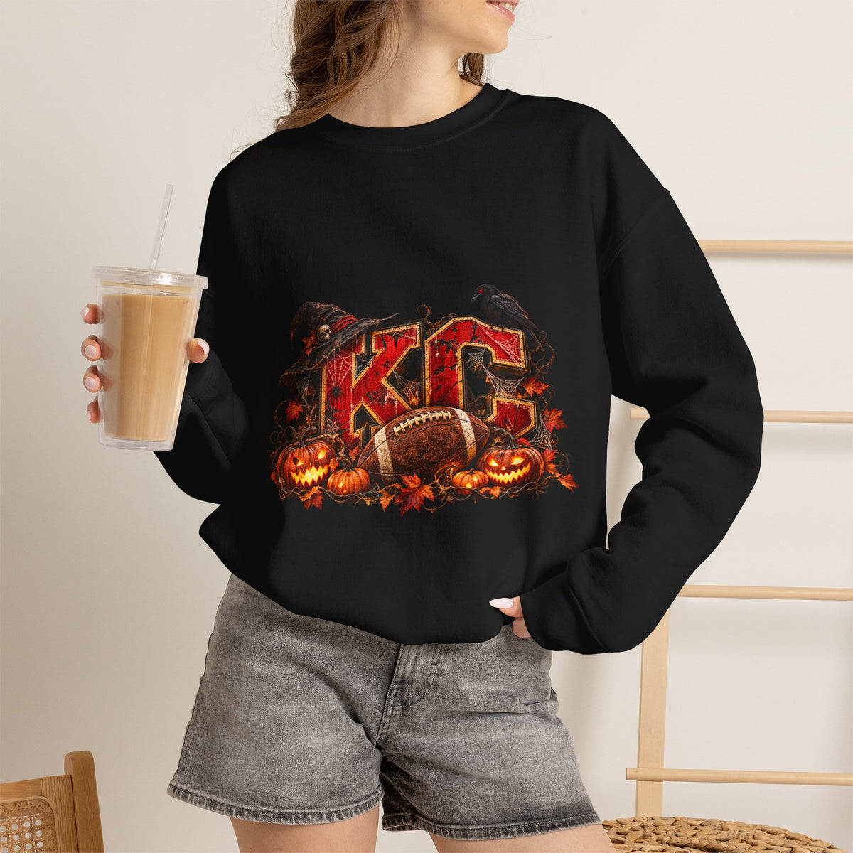 KC Halloween Crewneck Sweatshirt — Haunted Pumpkin Football Design-Flour and Foundry Meercantile Co.