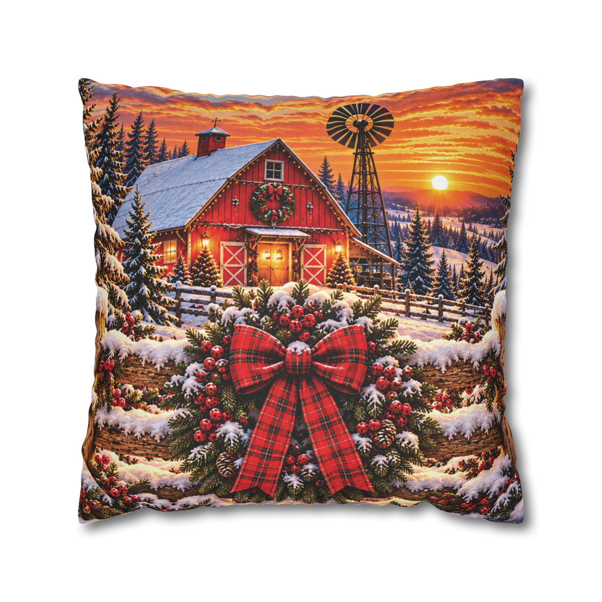 Christmas Barn and Cow Double Sided Pillowcase — Rustic Holiday Throw Pillow Cover