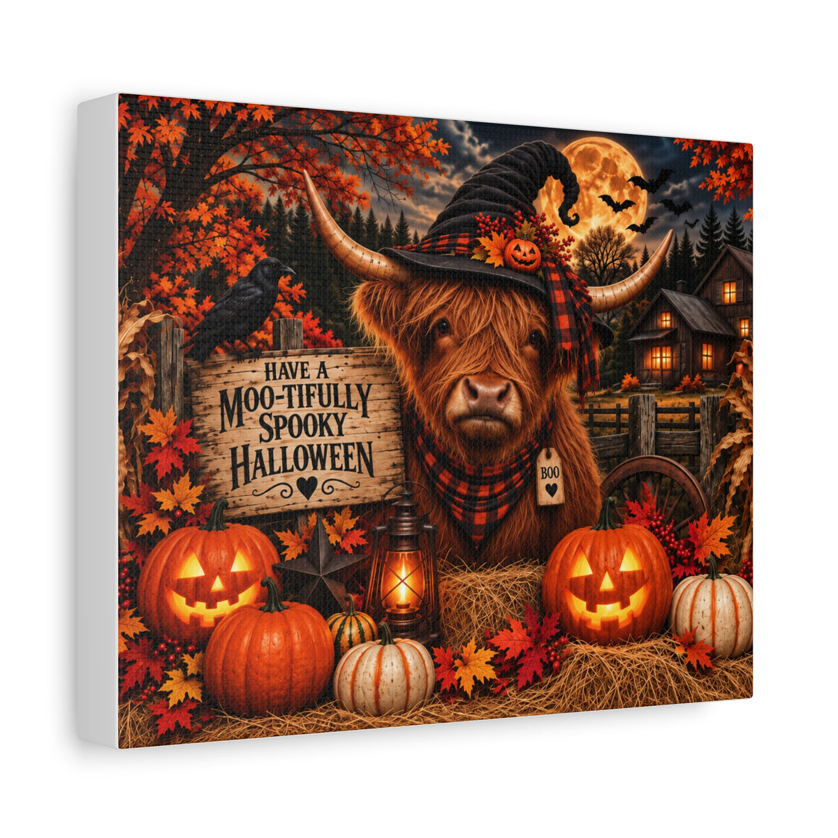 Halloween Highland Cow Canvas – "Have a Moo-tifully Spooky Halloween" Matte Stretched Wall Art