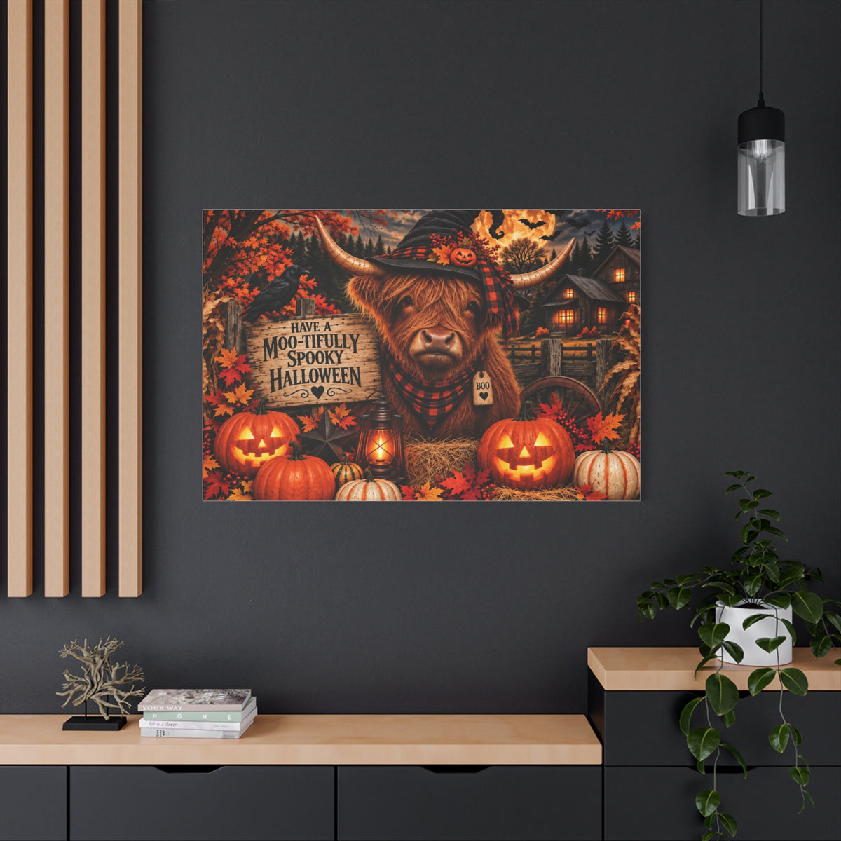 Halloween Highland Cow Canvas – "Have a Moo-tifully Spooky Halloween" Matte Stretched Wall Art